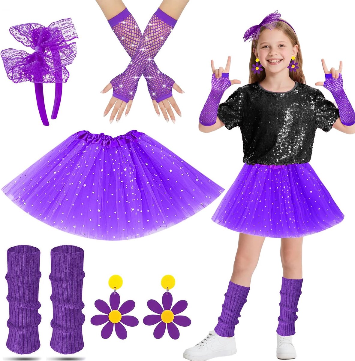 80-outfit voor kinderen, manchetten voor kinderen, jaren 80-outfit voor meisjes, met tutu, rok, fishnet, handschoenen, oorbellen, hoofdband, meisjes, feestjurk voor jaren 80, 90