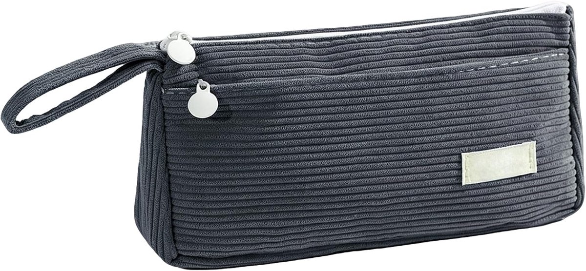 Etui, etui, school, corduroy, fluweel, effen, 21,5 × 11 × 5,5 cm, dubbele handgreep, grote capaciteit, voor scholen en kantoren, Zwart, 21,5×11×5,5 cm, Etui van geribbelde stof