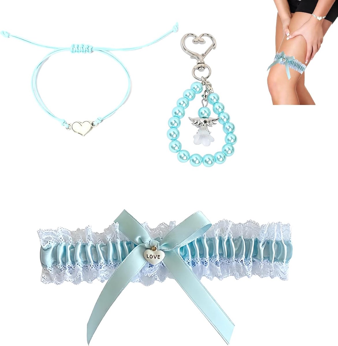 Bruidsset met blauwe kousenband, engel sleutelhanger en lichtblauwe armband, elegante something blue accessoire voor bruiloft, vrijgezellenfeest, verloving en blijvende herinnering