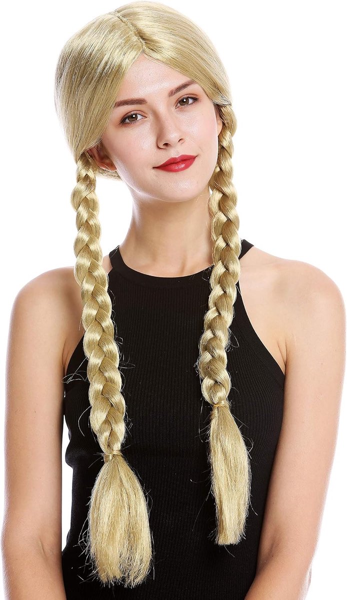 Damespruik Halloween Carnaval Blond Lange Gevlochten Vlechtjes Middenscheiding Lolita Schoolmeisje