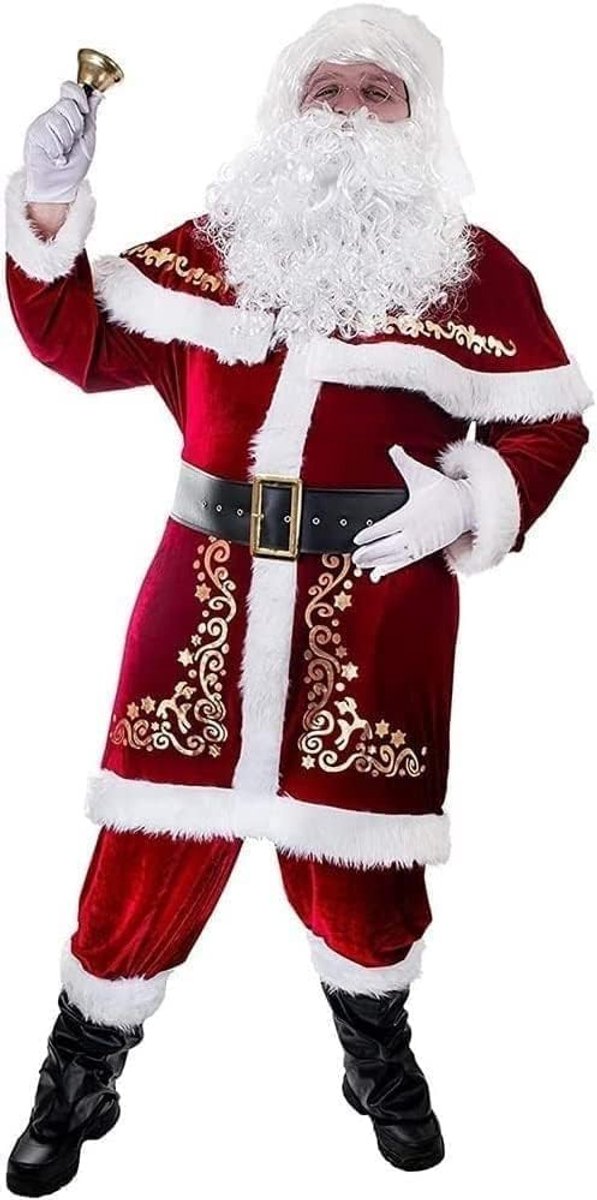 7-delig Kerstmankostuum Kerstset Grote maten Deluxe fluwelen kerstmanpak voor Volwassenen Tiener,Meerkleurig