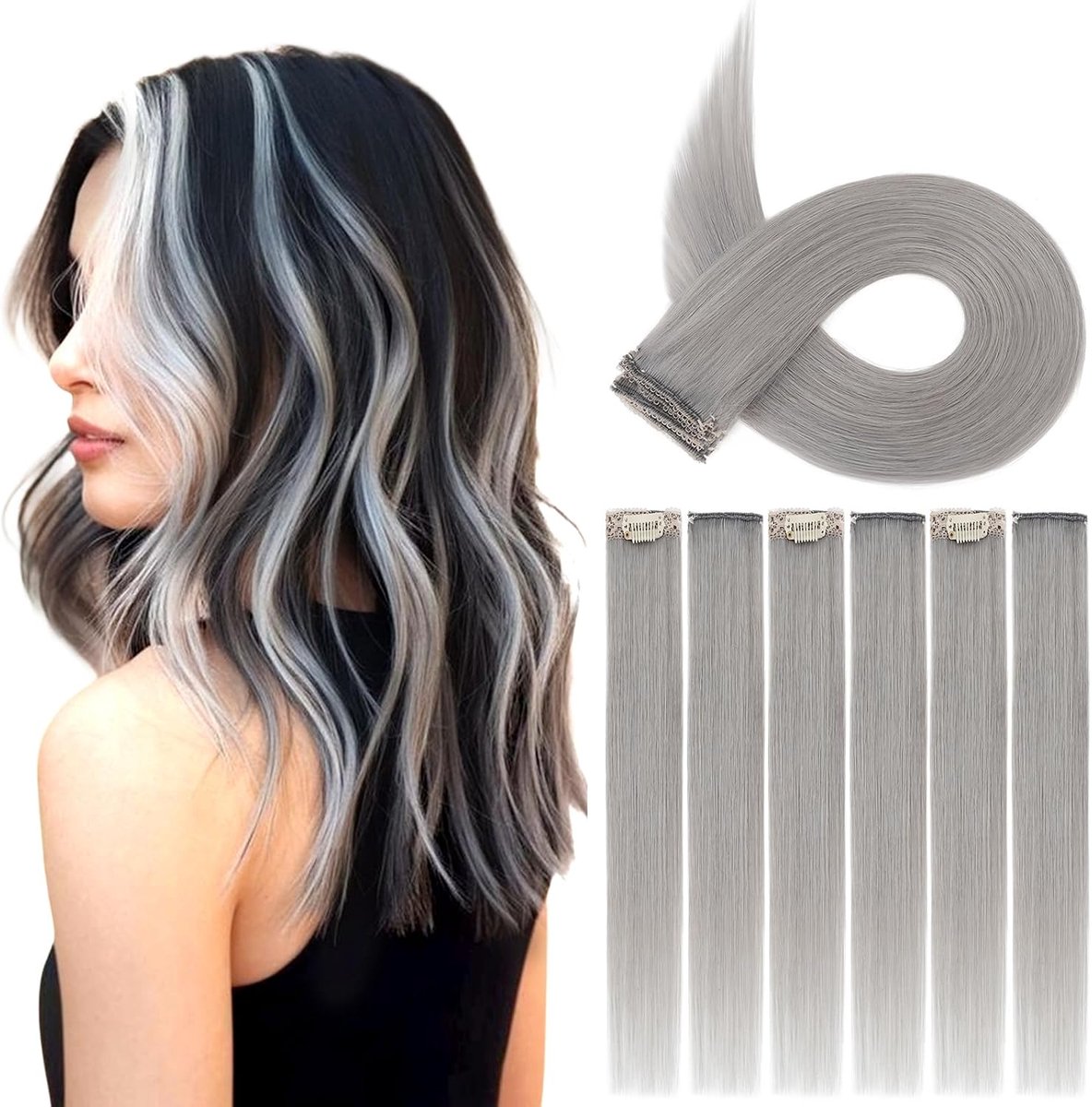 Haarextensies, 6 Stuks 6 Clips 100% Echte Haarverlengingen, 40g Enkele Streng Clip-in Haarverlengingen Voor Vrouwen en Kinderen, 40CM #Grijs