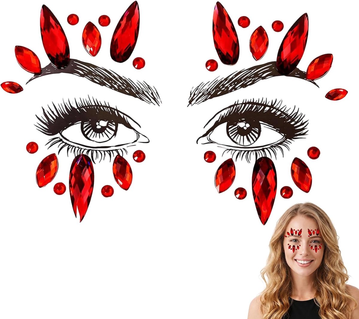 Gezicht festival, glitterstenen gezicht, strasssteentjes gezicht, edelstenen, tijdelijke tatoeages, gezichtssieraden, voor make-up, Halloween, Kerstmis, carnaval, verjaardagsfeest