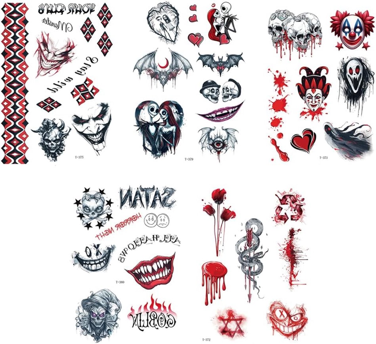 Donkerbige tatoeagestickers voor volwassenen, gothic horror doodshoofd, clown, slang, vleermuis, tijdelijke tatoeages, party & cosplay make-up rekwisieten
