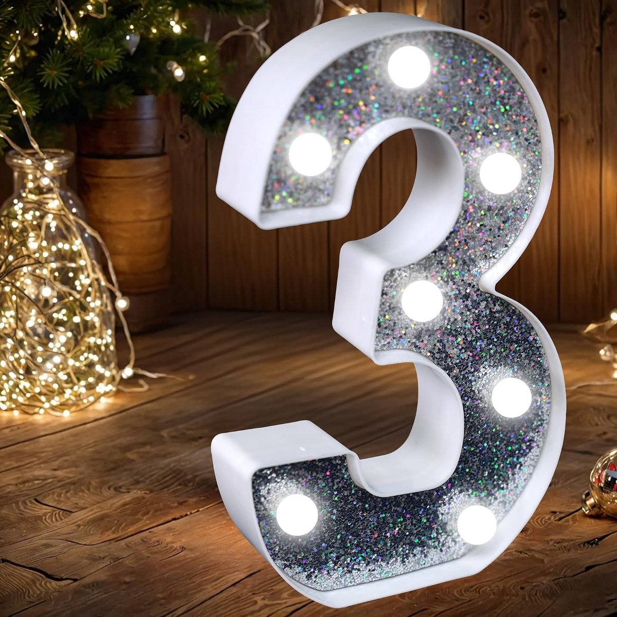 Nummer Light - Light Up Zilver Glitter Nummer Lights Sign Perfect voor gebruik als Nachtlampje of op Bruiloft Verjaardagsfeest Woondecoratie (Nummer 3)