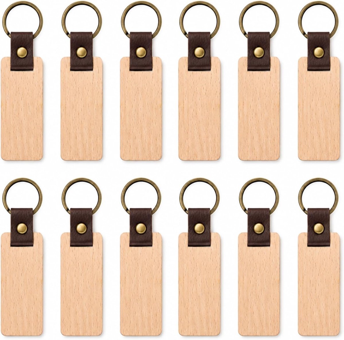 Sleutelhangers, set van 12 stuks, van beuken, rechthoekige doe-het-zelf onbewerkte houten hangers om te personaliseren, ideaal voor sleutelhanger, rugzakhanger en creatieve