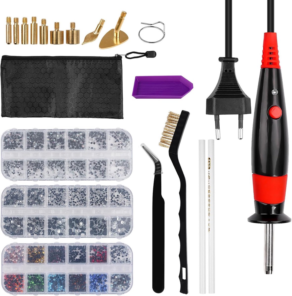 Strass-applicator gereedschapsset, strass-steentjes applicatorset met 9 applicatorpunten en hotfix strass-steentjes glitterstenen, voor stof, leer, kleding, DIY bling design (20 stuks)
