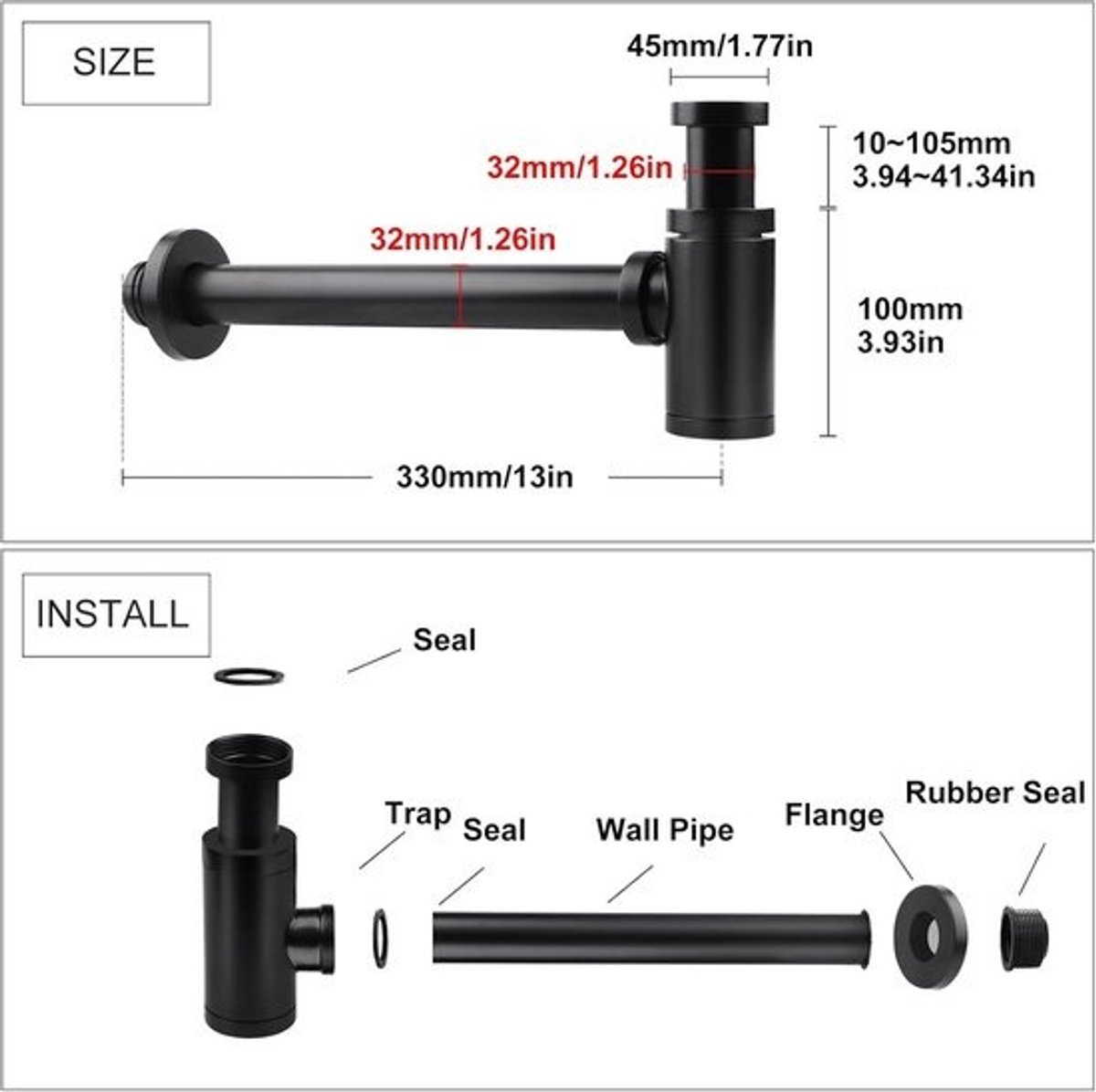 Zwarte sifon met afvoergarnituur 1 1/4 inch x Ø 32 mm roestvrij staal sifon geurafsluiter verstelbaar universele buissifon buisvormige geursluiting voor wastafel wastafel met EXLECO.