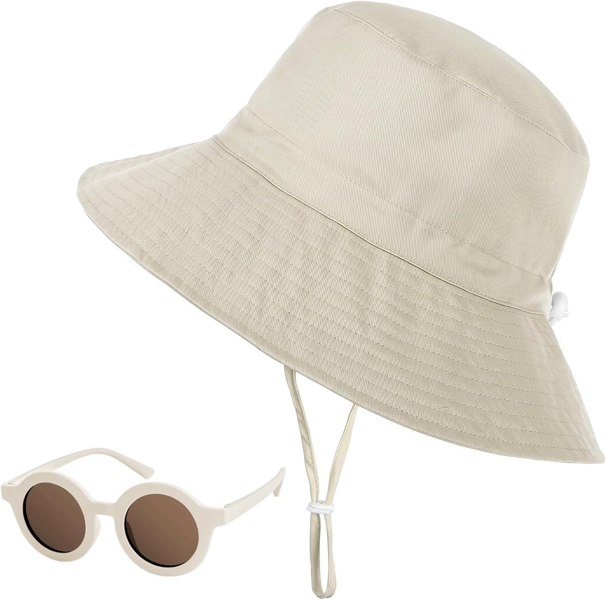 Kinderzonnehoed met UV-bescherming 50 en zonnebril, beige bucket hat voor zomerse buitenactiviteiten, strand en reizen.