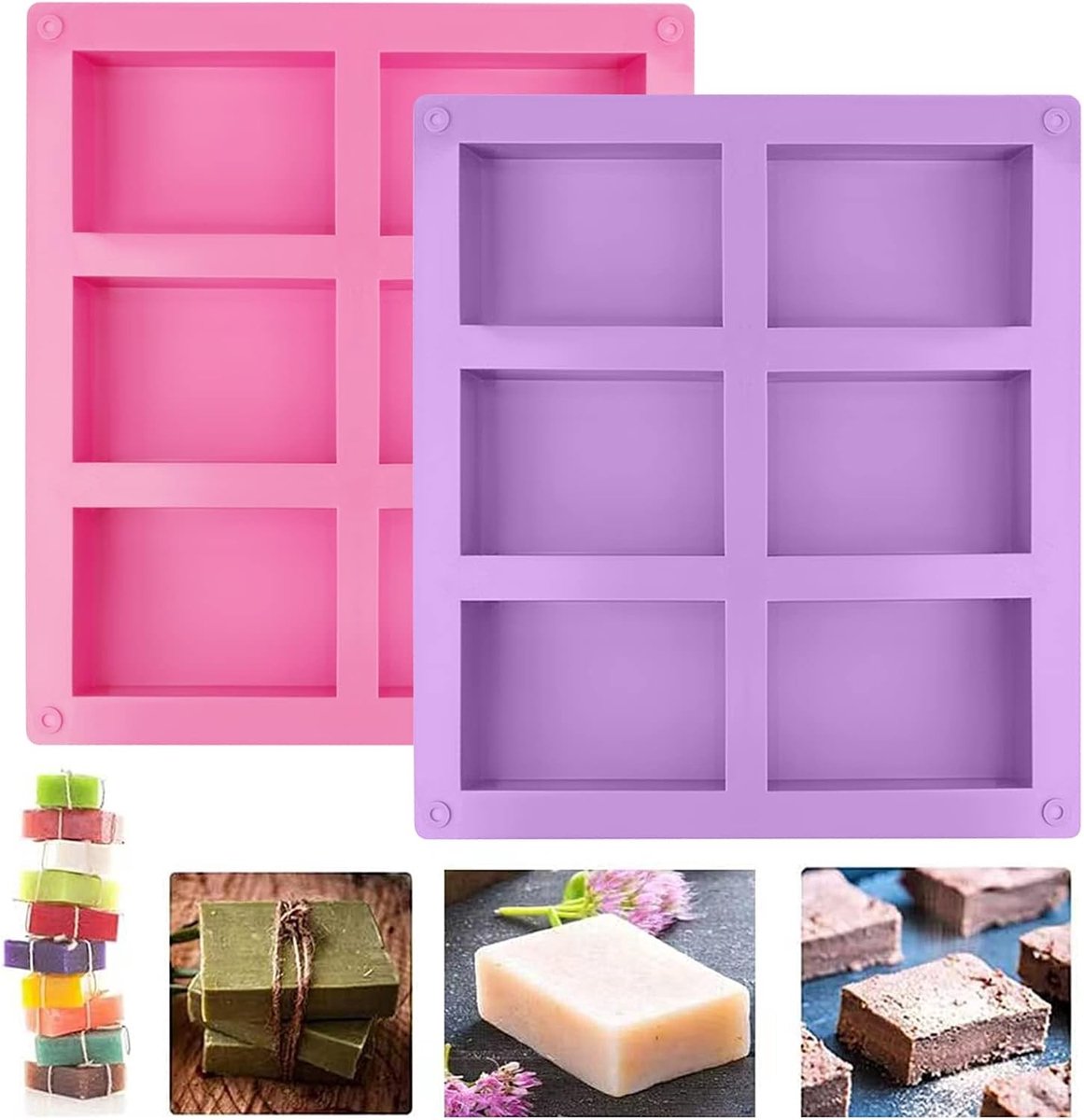 Siliconen Zeepvorm Rectangular voor DIY Handgemaakte Zeep, Chocolade en Koekjes - 6 Stuks in Roze en Paars