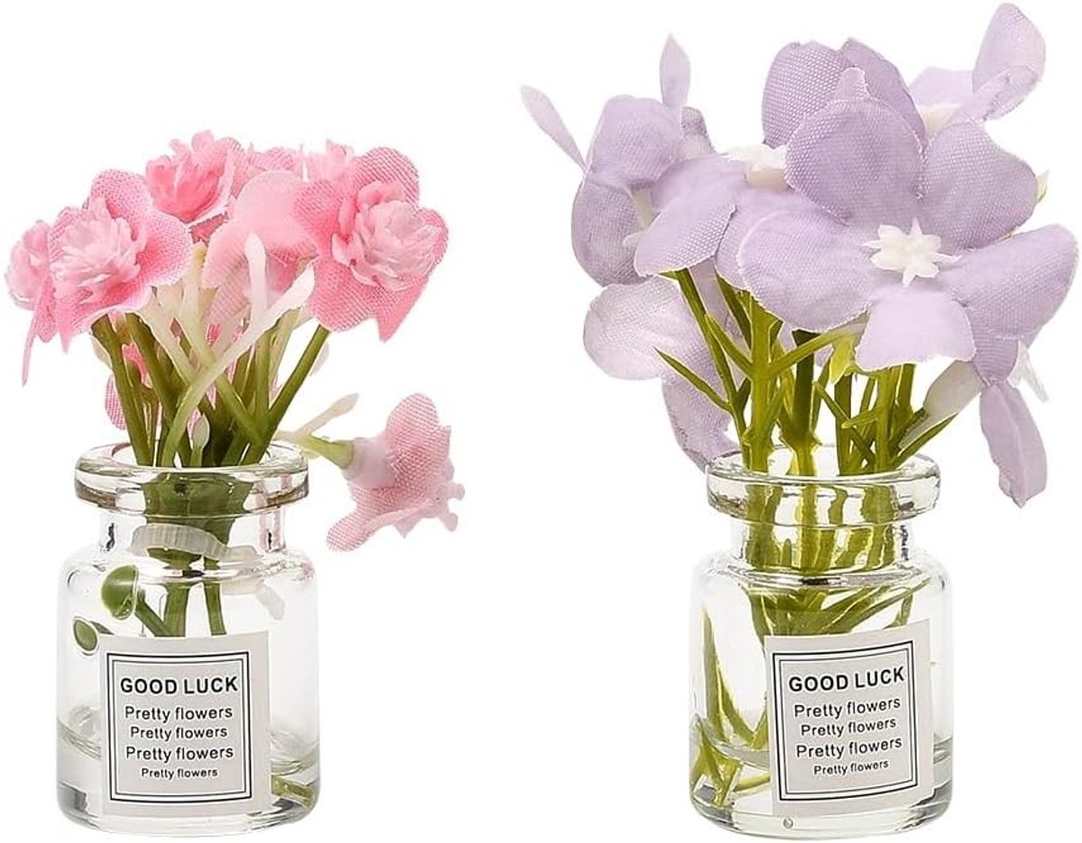 Set van 2 Schattige Bloemenboeketten in Glazen Vaasje - Auto Luchtverfrisser Vent Clips, Mini Nepp bloemen voor Interieur Decoratie en Dashboard Accessoires