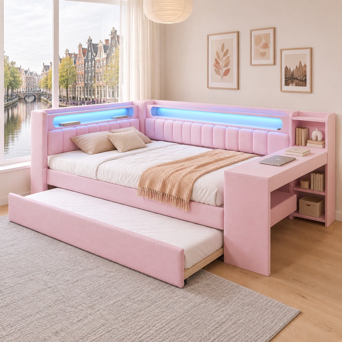 WUVRIE Gestoffeerd tweepersoonsbed 140x200 cm met uitschuifbed 90x190, bureau, open opbergruimte, LED en USB, roze