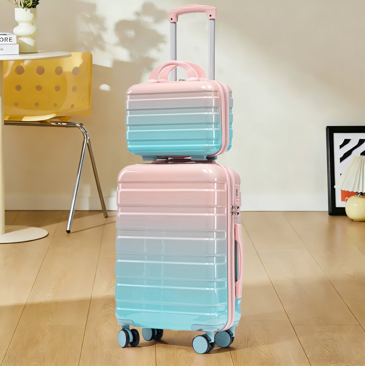 MEUNIQ 2-delige kofferset met 20 inch harde polycarbonaat reiskoffer, 14 inch cosmetica-organizer, cijferslot, 360° zwenkwielen en telescopische greep in roze