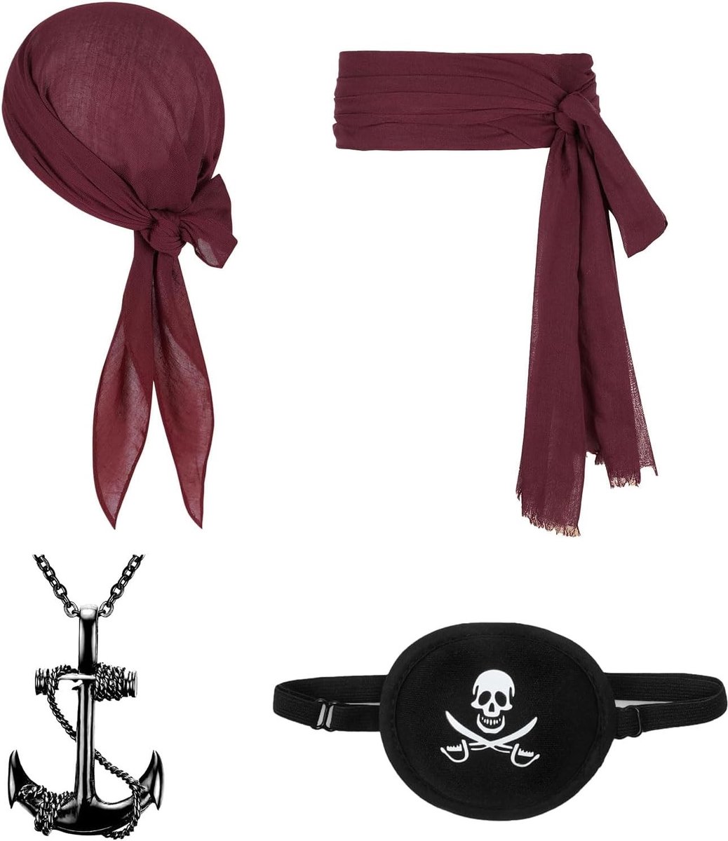 Piratenkostuum Accessoires Set met Bandana, Sash, Ooglapje en Hanger - Perfect voor Halloween en Verkleedfeestjes