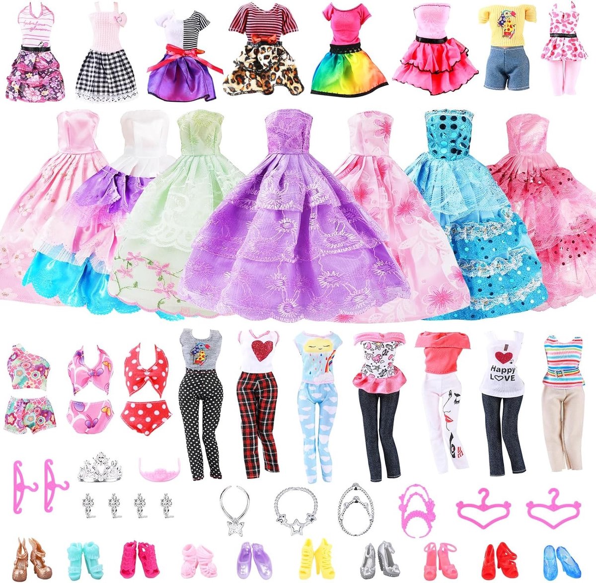 Complete set van 32 stuks met poppenkleding en accessoires, inclusief jurken, tops, broeken, bikinis, tassen, schoenen en sieraden voor 30 cm poppen