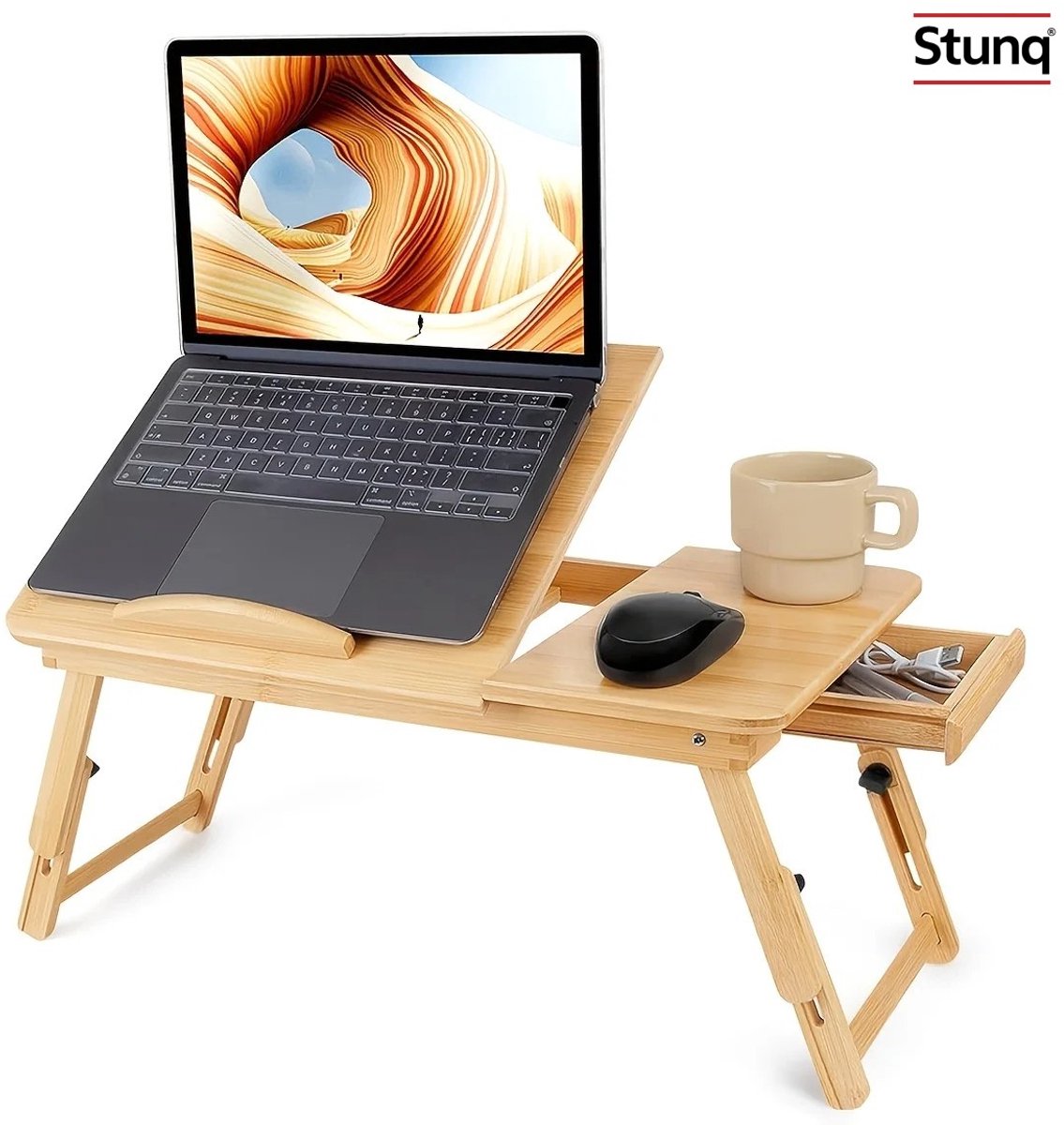 Stunq® Verstelbaar Bamboe Laptopbureau – Opklapbaar Bedblad met Lade en Muismat
