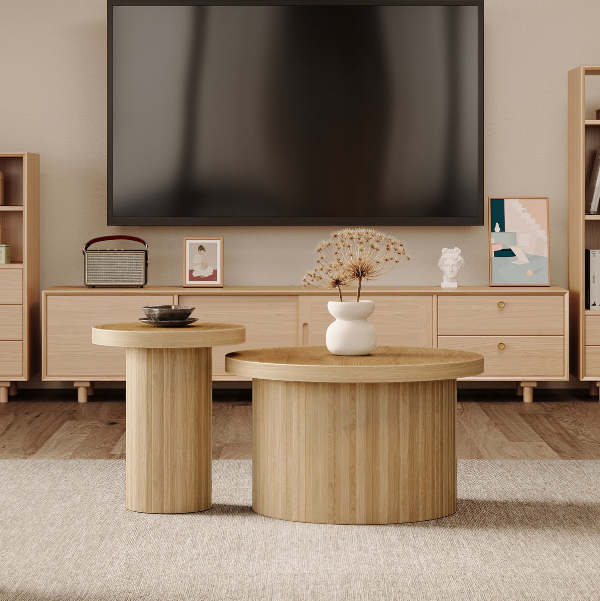 MEUNIQ Salontafel set van 2 ronde tafels Ø66 en Ø40 cm, combineerbare salontafel en bijzettafel voor woonkamer, naturel