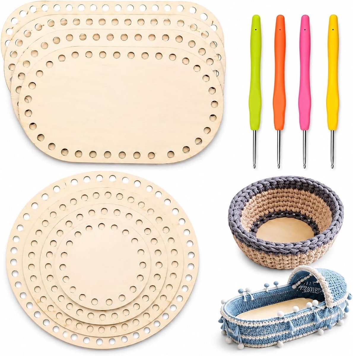 Set van 12 Houten Mand Bodem Haakjes voor DIY Mandjes, Vloeren en Handgemaakte Tassen, Ovalen en Ronde Vormen, 3.9/5.9/7.9/25cm