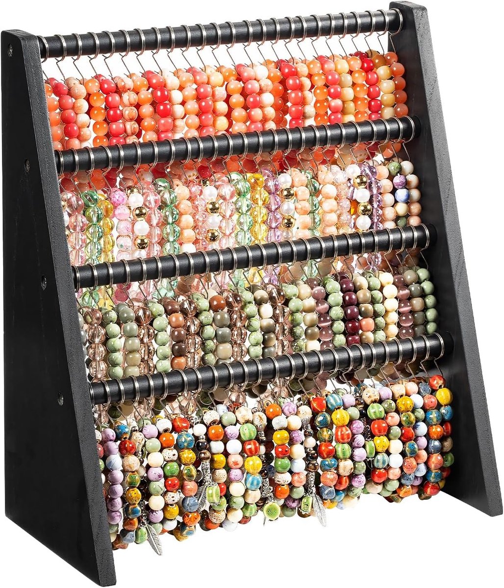 Houten Armbandhouder met 4 Niveaus, Grote Capaciteit voor Armbanden en Horloges, Perfect voor Thuis en Beurzen