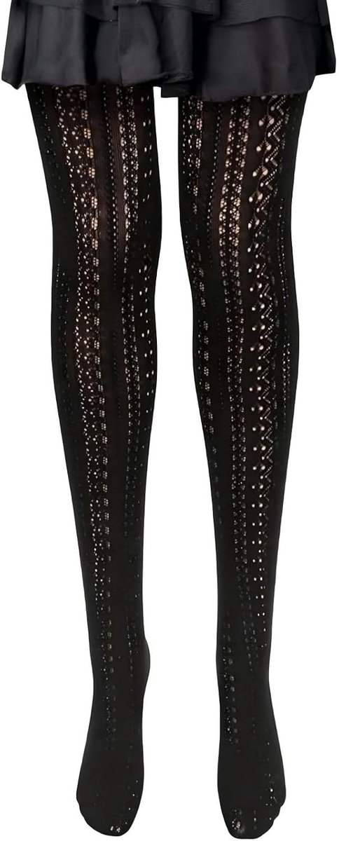 Sexy Retro Hollow Jacquard Kousen - Perforated Mesh Dameskousen van Gebreide Kant, Zwart, One Size, Perfect voor Feestjes en Casual Outfits