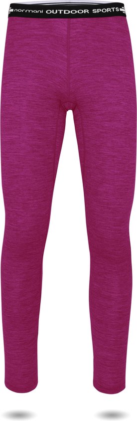 Donkerpaarse thermolegging voor kinderen met op de tailleband "normani OUTDOOR SPORTS" in witte letters.