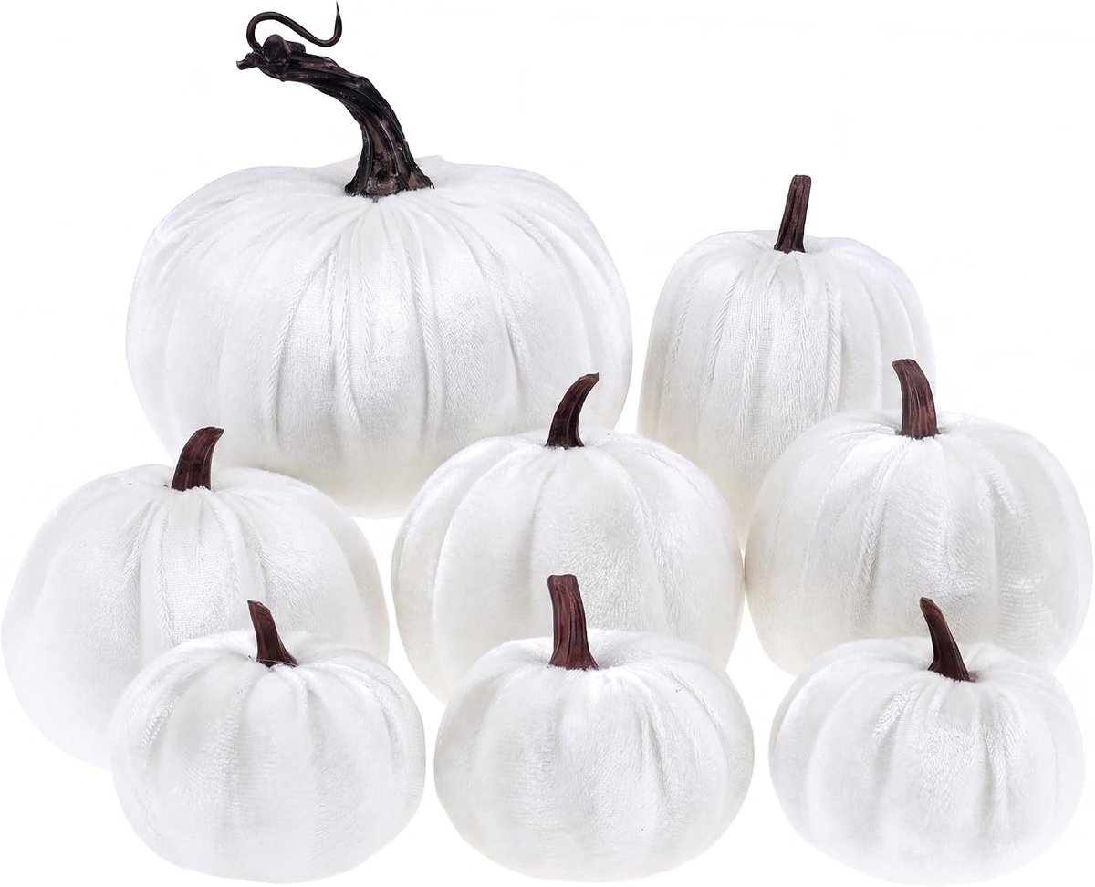8pcs Geassorteerd Maat Kunstmatig Handgemaakt Wit Fluweel Pompoen Nep Herfst Oogst Halloween Decoratie Woonaccessoires Keuken