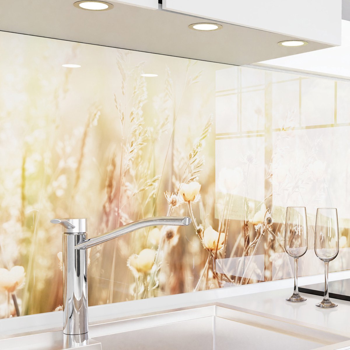 Keuken achterwand zelfklevend – Glaslook – Spatscherm keuken – Verstevigde PET folie – Spatwand fornuis – Muurbeschermer – 0,80 mm - Zomerbloemen - 280 cm x 80 cm