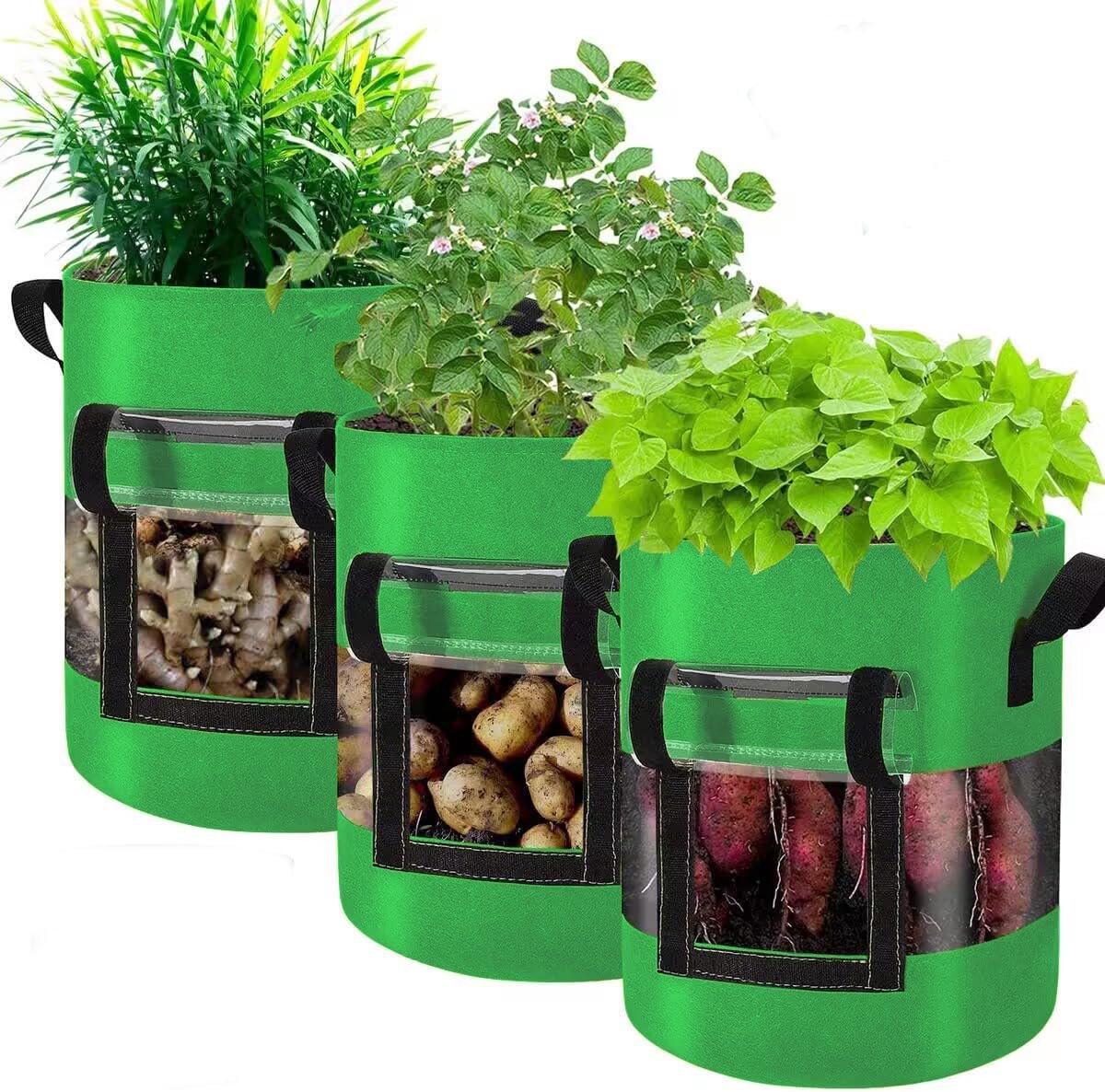 Set van 3 plantenzakken, 38 liter, aardappelgroeizakken, heavy duty, ademend, vlies, tuinplantenzakken, herbruikbaar, ideaal voor aardappelen, tomaten, kruiden, balkon en tuin (groen, set van 3, L)