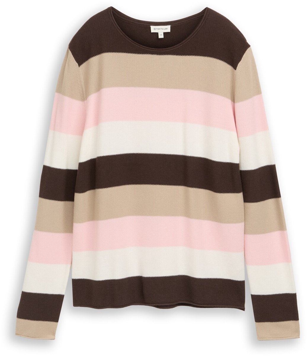 Tom Tailor - Gebreide trui met ronde hals - Maat M - brown beige pink stripe