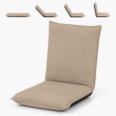 Beige vloerstoel in verschillende posities, van plat tot rechtop.