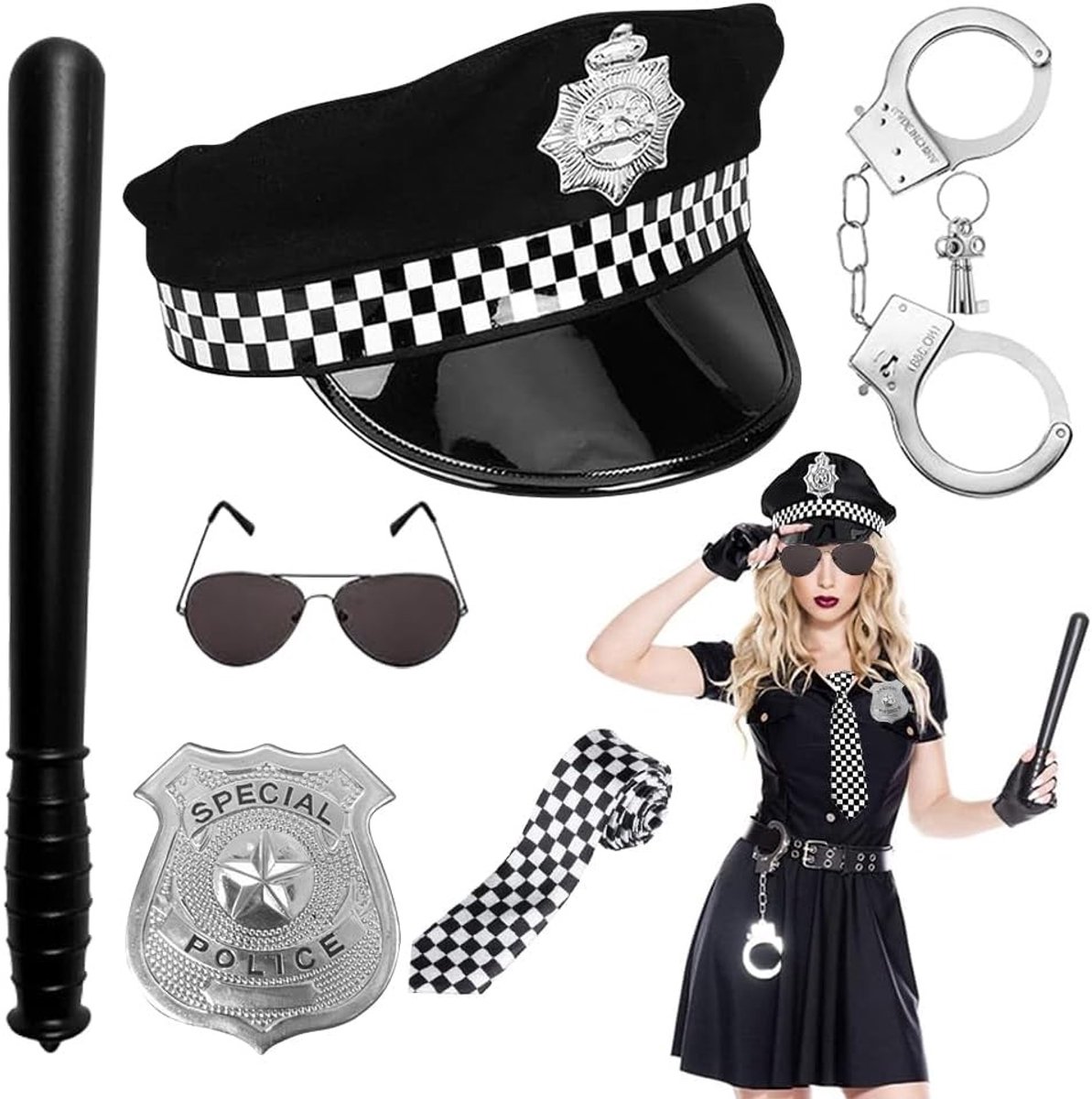 Politie Kostuum Accessoires Set voor Vrouwen, 7-delige Set met Hoed, Handboeien en Zonnebril voor Feestjes en Verkleedpartijen