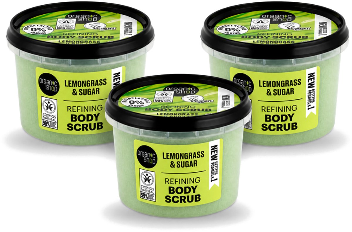 3 x Organic Shop - Body Scrub Lemongrass - Verfrissend en Verzorgend - 250 ml - Voordeelverpakking - 3 stuks