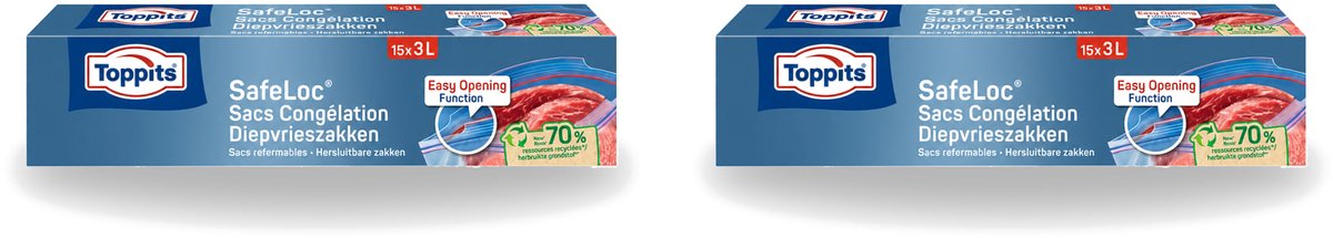 2 x Toppits – Safeloc Zip-Diepvrieszakken – 3 Liter – 15 Zakjes - Voordeelverpakking - 2 stuks