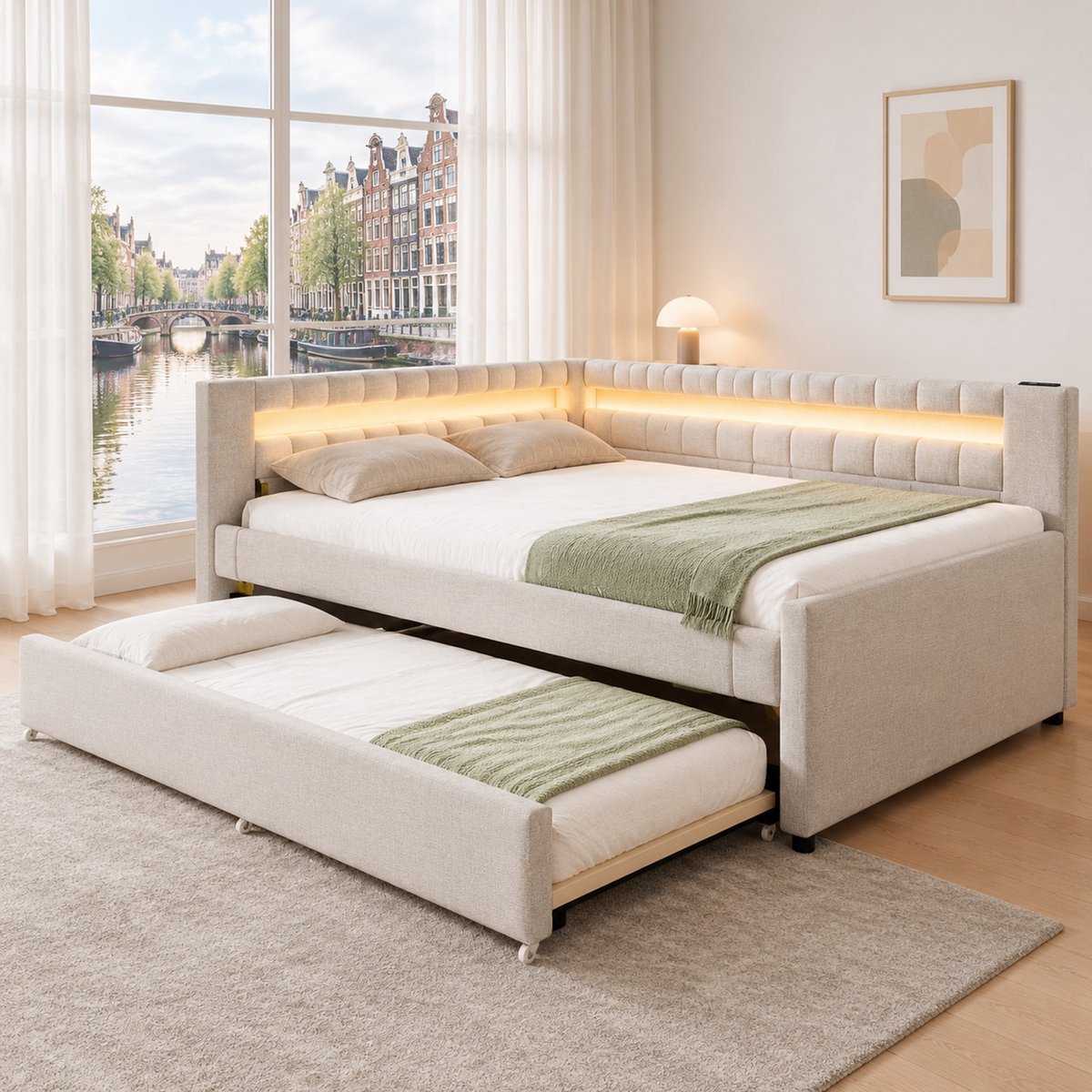 WUVRIE Slaapbank 140x200 cm als dagbed met uitschuifbed, LED-lichtstrip, USB en Type-C, Beige