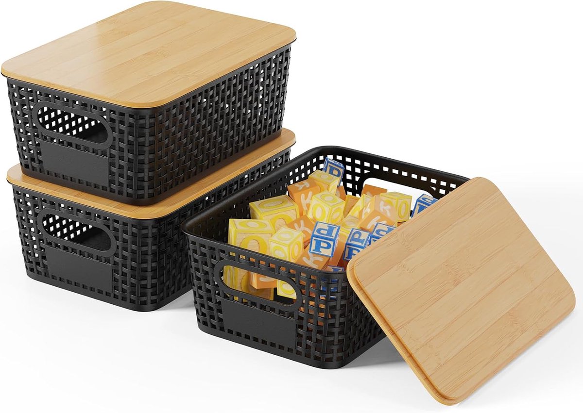 Set van 3 opbergdozen met bamboedeksel, 5 l opbergmand, kunststof mand, opbergdoos, keukenopbergdozen voor rekken, kasten, kasten en thuis (zwart)
