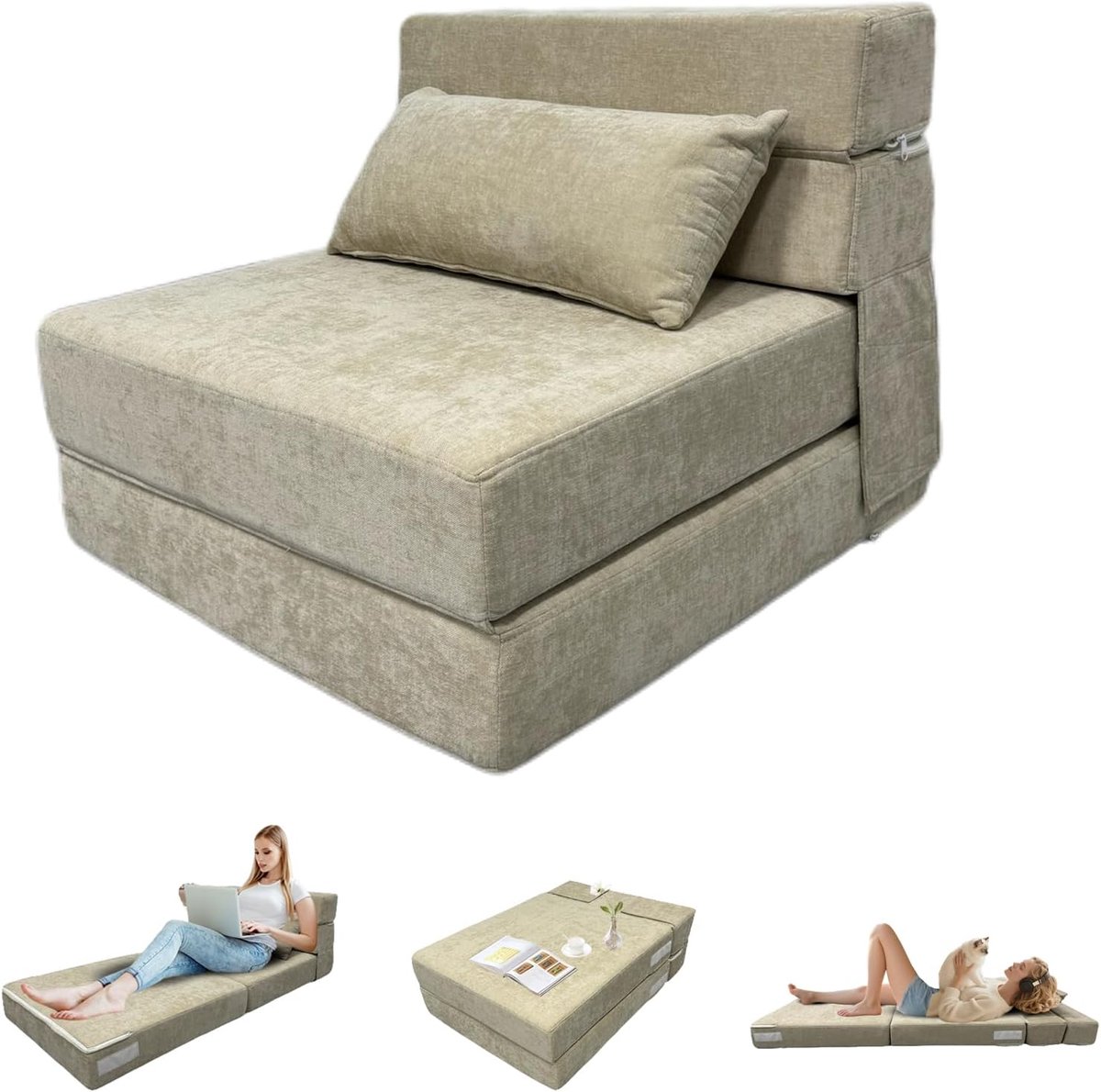 Divan-lit flexibel 70 x 190 cm, met kussen, de zitplaats zet om in matras, afneembare divanhousse, perfect voor kleine kamers en multifunctionele ruimtes, Beige