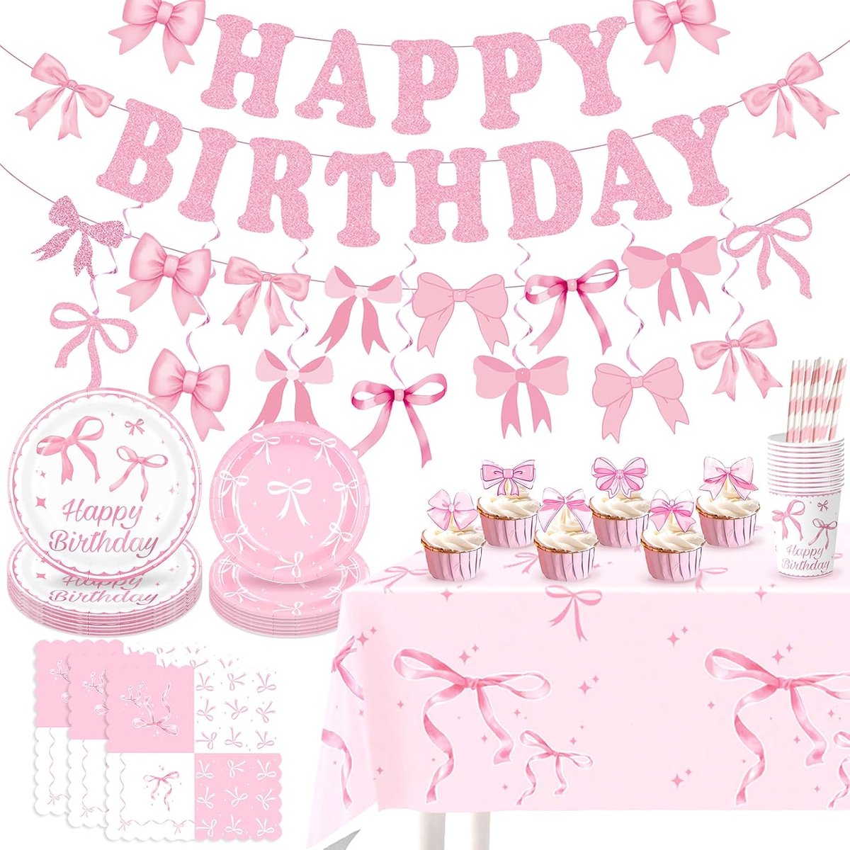 117-delig verjaardagsfeestje serviesset, roze strikken design, feestservies, verjaardagsdecoratie, inclusief borden, kopjes, servetten, tafelkleed, taarttopper, banner, wegwerpservies