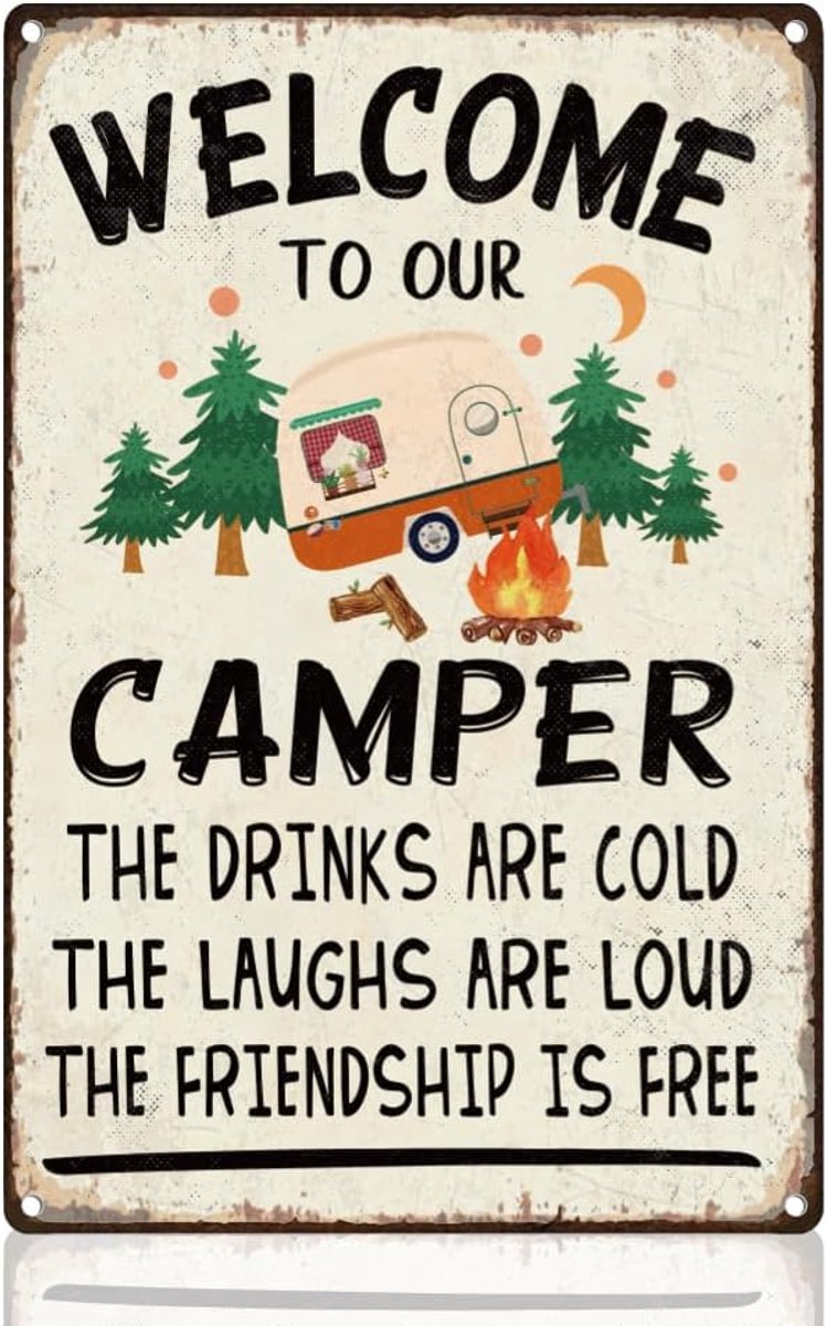 Welkomstbord Decor Retro RV Muur Decor Metalen Tinnen Bord, 20 x 30 cm Grappige Camping Regels Vintage Wall Art Poster voor Binnen Buiten en RV Decor Gift