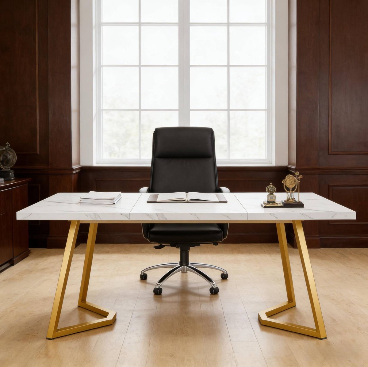MEUNIQ Computertafel 140 x 80 x 75 cm – bureau met wit marmerlook tafelblad en gouden metalen poten voor thuiskantoor, kantoor of woonkamer