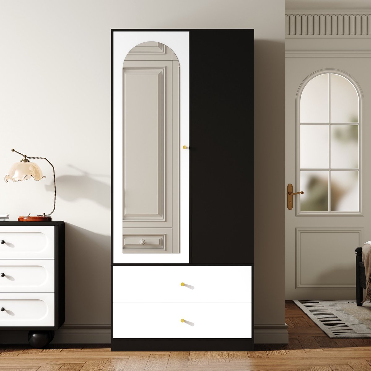 MEUNIQ Kledingkast met spiegel, 1 deur, kledingroede, 2 lades en 4 legplanken – 80 x 40 x 180 cm – voor slaapkamer of hal – wit en zwart