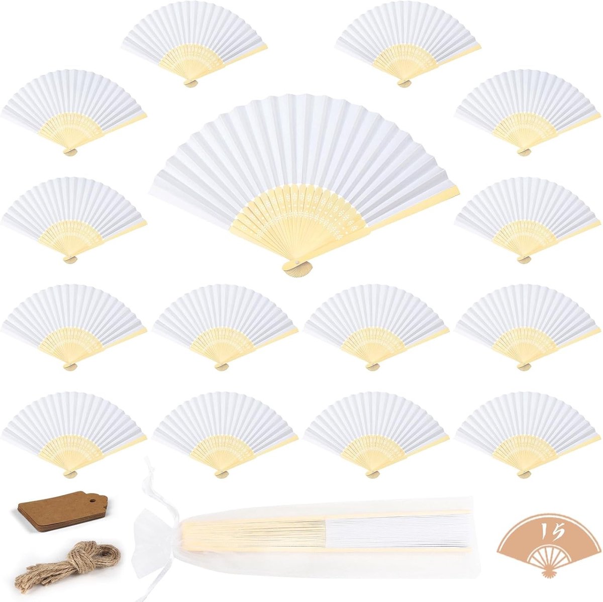 Set van 15 Vouwbare Witte Ventilators met Organza Tas - Goedkope Fans voor Bruiloften en Feesten
