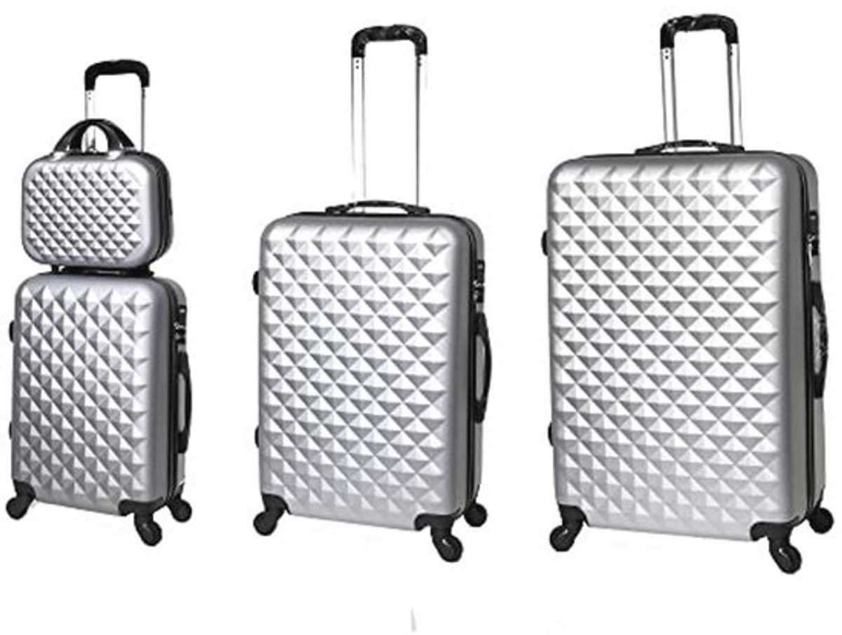 Set van 3 koffers en make-uptas in zilver/grijs - ideaal voor het gezin