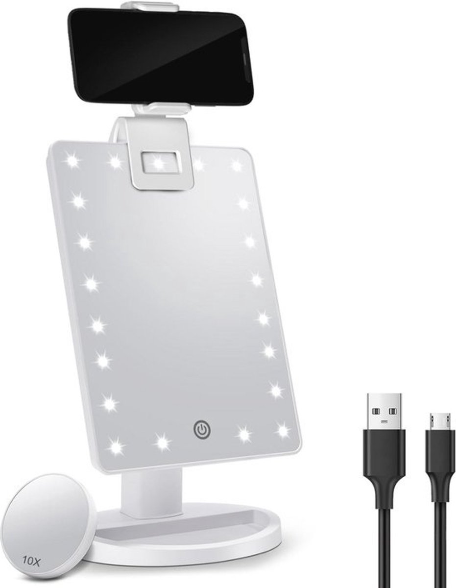 Make-upspiegel met verlichting en telefoonhouder - Draagbaar, 10x vergroting, Dimbare LED, 180 graden rotatie