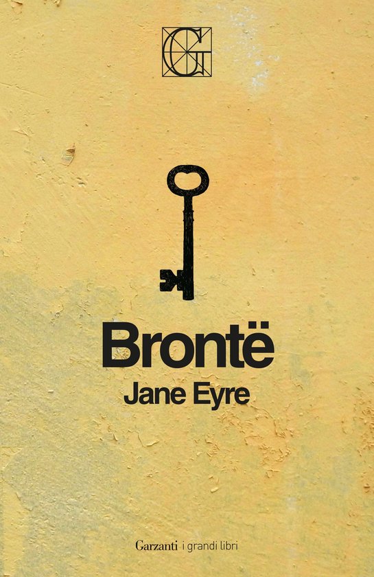 De omslag van Jane Eyre door Brontë, met een zwarte sleutel op een verweerde gele achtergrond.