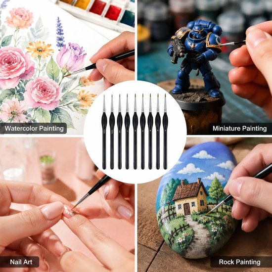 11-delige detailpinsel set - Ultra fijne precisiepenselen voor miniaturen, modelbouw en figuurtjes - Maten 00000 tot 7 - Ergonomische grip - Synthetische penselen zonder haaruitval - Zwart — afbeelding 3