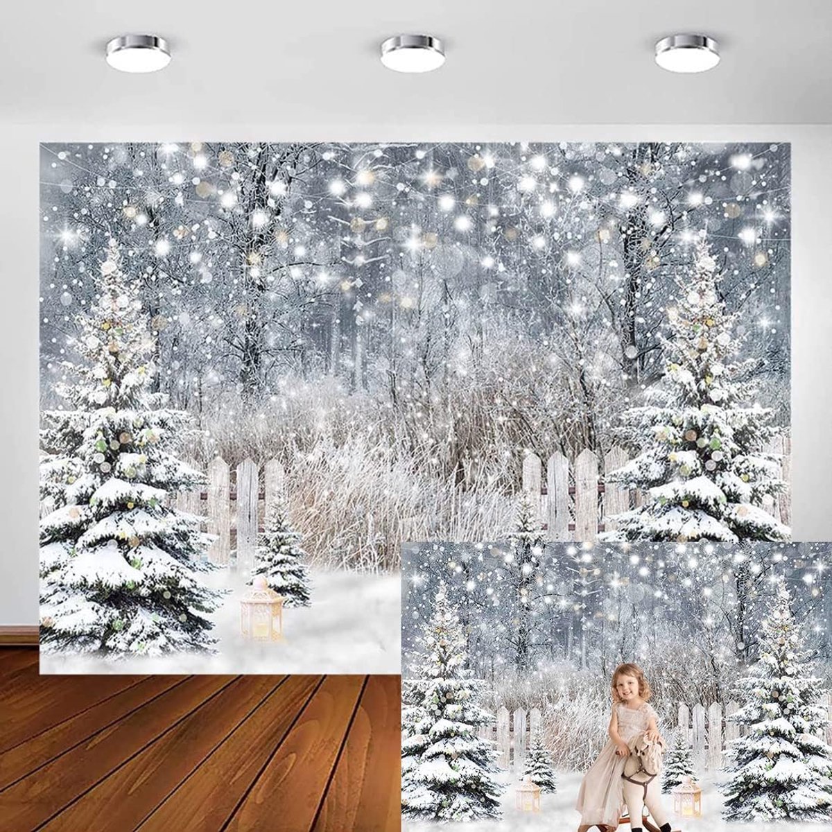 Winter Kerst Achtergrond Xmas Vakantie Party Banner Pine Tree Glitter Besneeuwde Bos Achtergrond Portret Studio Booth Photobooth Rekwisieten (8ft x 6ft)