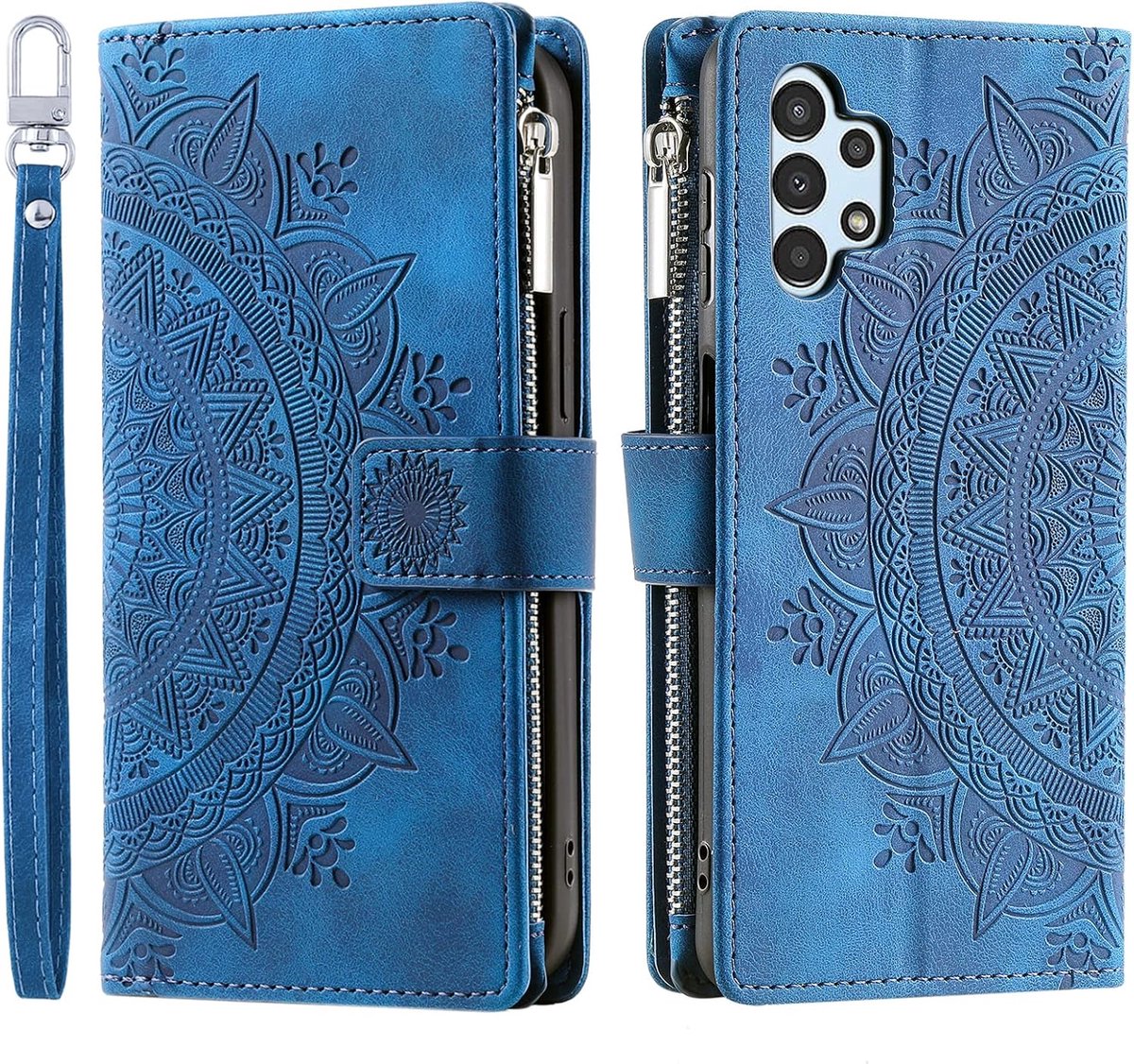 Hoes voor mobiele telefoon voor Samsung Galaxy A04S / A13 5G, klaphoes met bloemen, klaphoes met kaartenvak, mobiele telefoon, klaphoes voor mobiele telefoon, bookcover, flip case, standaard, blauw