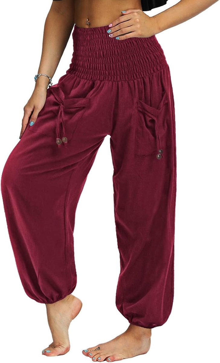 Geplooide damesbroek met hoge taille en zakken, losse lichte hippie, harembroek, yogabroek, loungewear, zomervakantie