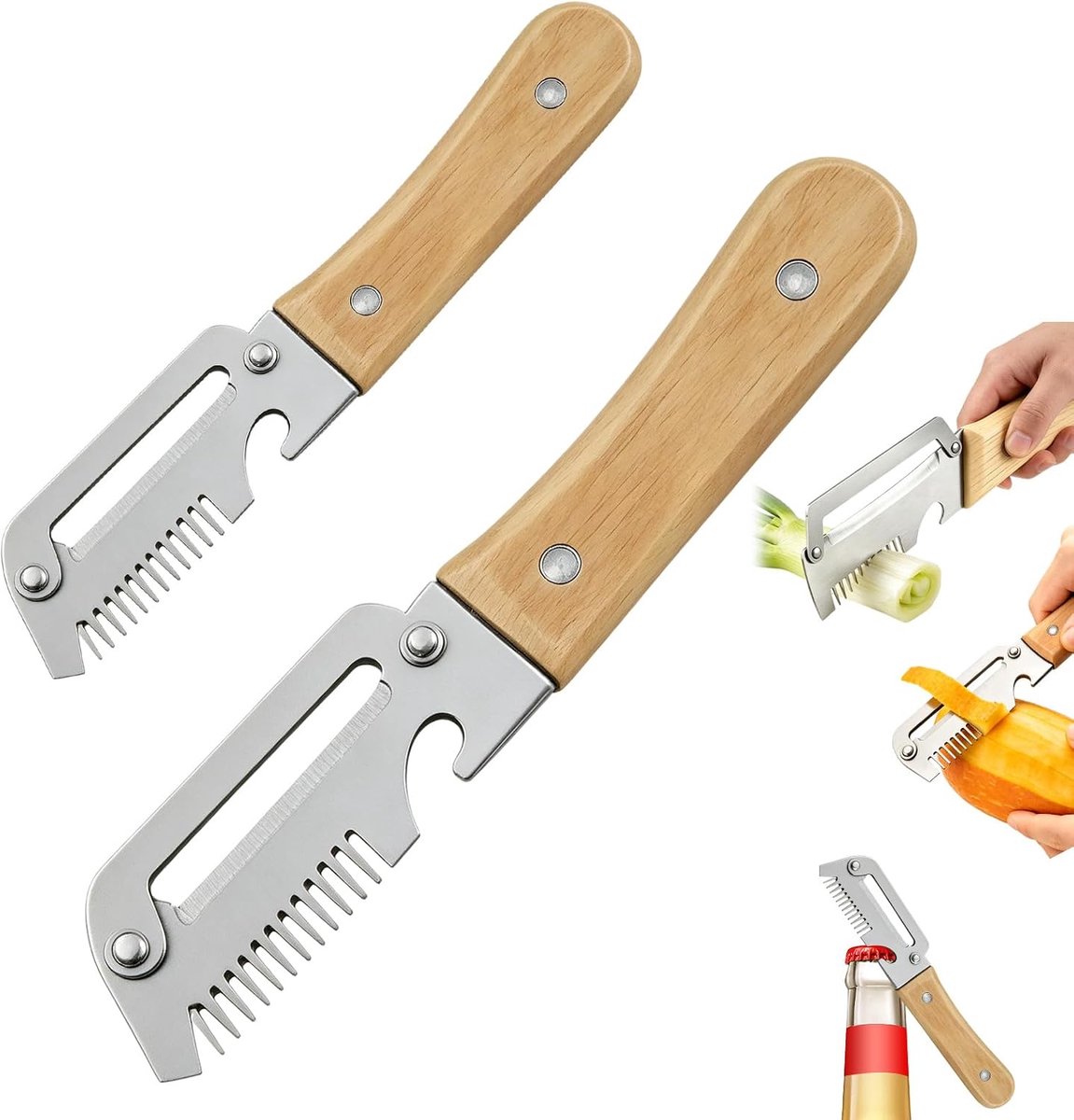 Groenteschiller, 2 stuks, dunschiller met houten handvat van roestvrij staal, Zero Snag design, voor fruit en groenten, keukengereedschap, roestvrij, ergonomische handgreep