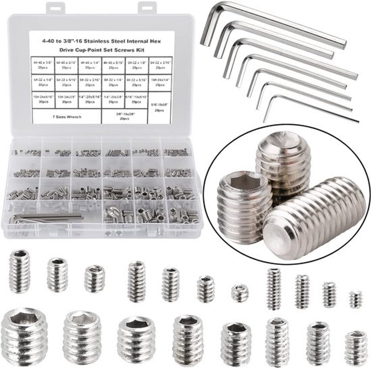 380 Delige SAE Set Schroeven RVS - Cup Point Stelschroeven Assortiment met Inbussleutels